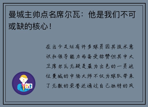 曼城主帅点名席尔瓦：他是我们不可或缺的核心！